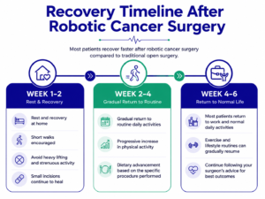 "Robotic cancer surgery recovery timeline infographic showing expected recovery during weeks 1–2, 2–4, and 4–6 after robotic GI cancer surgery, including walking, healing, physical activity, and return to normal life."