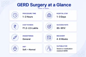 GERD surgery at a glance infographic showing procedure time, hospital stay, recovery, success rate, cost in India, anaesthesia, diet after surgery, and who may benefit from GERD surgery.
