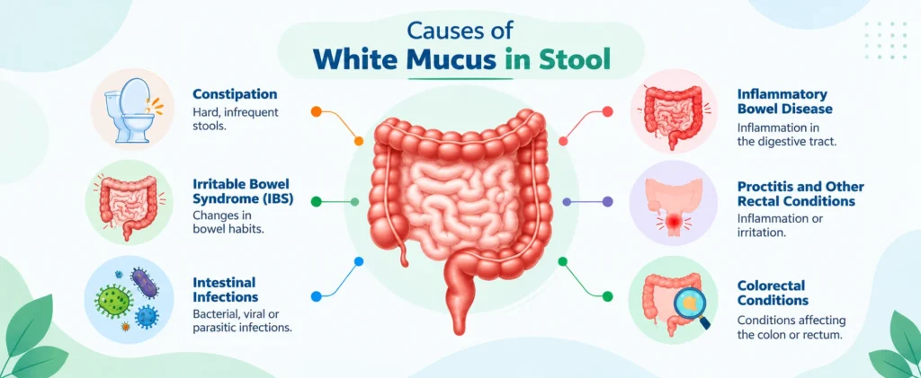 White mucus in stool medical illustration showing the digestive system, colon, and intestinal mucus, highlighting common causes of mucus in stool.
